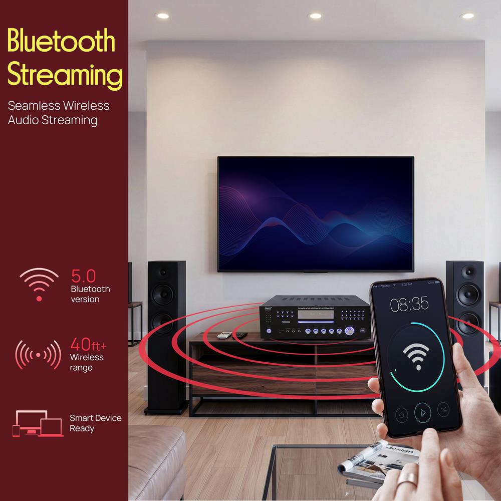 Pyle 4 Channel Wireless Bluetooth Amplifier - 3000W Peak Stereo Audio Receiver FM Radio - USB - 2 Mic Inputs w/ Echo - HDMI - 24-Bit Decode - CD/DVD - Subwoofer Output - LED - Rack Mount - PD3000BA