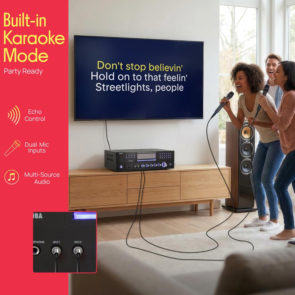 Pyle 4 Channel Wireless Bluetooth Amplifier - 3000W Peak Stereo Audio Receiver FM Radio - USB - 2 Mic Inputs w/ Echo - HDMI - 24-Bit Decode - CD/DVD - Subwoofer Output - LED - Rack Mount - PD3000BA