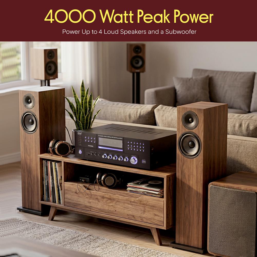 Pyle 4 Channel Wireless Bluetooth Amplifier - 3000W Peak Stereo Audio Receiver FM Radio - USB - 2 Mic Inputs w/ Echo - HDMI - 24-Bit Decode - CD/DVD - Subwoofer Output - LED - Rack Mount - PD3000BA