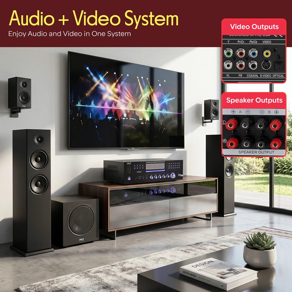 Pyle 4 Channel Wireless Bluetooth Amplifier - 3000W Peak Stereo Audio Receiver FM Radio - USB - 2 Mic Inputs w/ Echo - HDMI - 24-Bit Decode - CD/DVD - Subwoofer Output - LED - Rack Mount - PD3000BA