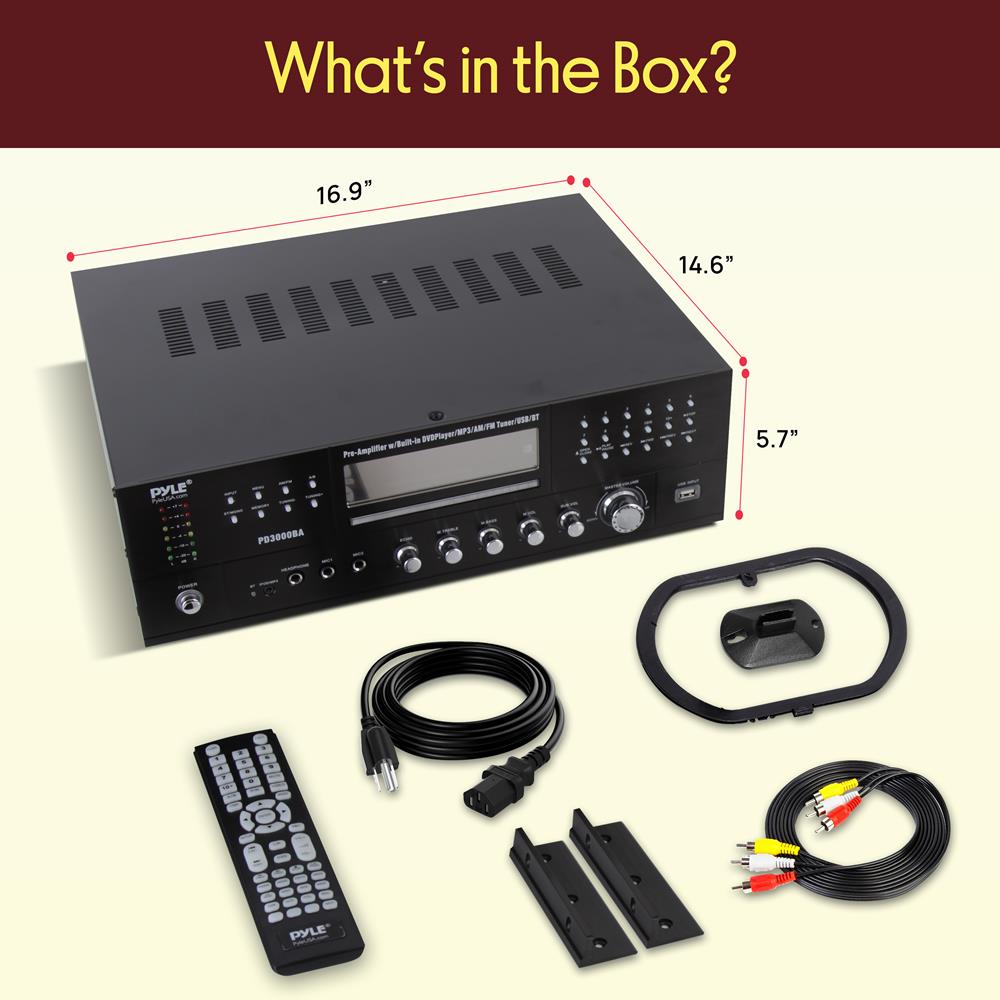 Pyle 4 Channel Wireless Bluetooth Amplifier - 3000W Peak Stereo Audio Receiver FM Radio - USB - 2 Mic Inputs w/ Echo - HDMI - 24-Bit Decode - CD/DVD - Subwoofer Output - LED - Rack Mount - PD3000BA
