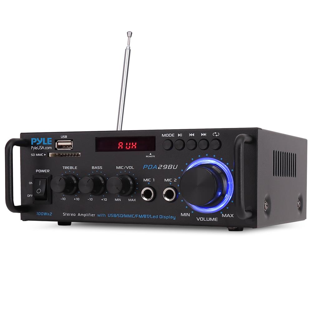 Pyle 200W Wireless Bluetooth Stereo Power Amplifier - Dual Channel Audio Receiver with RCA - USB - SD - MIC IN - FM Radio - AUX Input - Remote Control for Home Theater & Studio Use - PDA29BU
