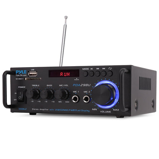 Pyle 200W Wireless Bluetooth Stereo Power Amplifier - Dual Channel Audio Receiver with RCA - USB - SD - MIC IN - FM Radio - AUX Input - Remote Control for Home Theater & Studio Use - PDA29BU