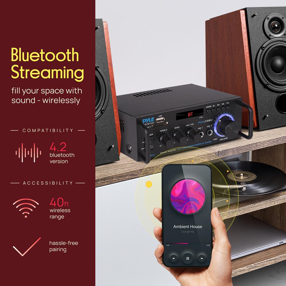 Pyle 200W Wireless Bluetooth Stereo Power Amplifier - Dual Channel Audio Receiver with RCA - USB - SD - MIC IN - FM Radio - AUX Input - Remote Control for Home Theater & Studio Use - PDA29BU