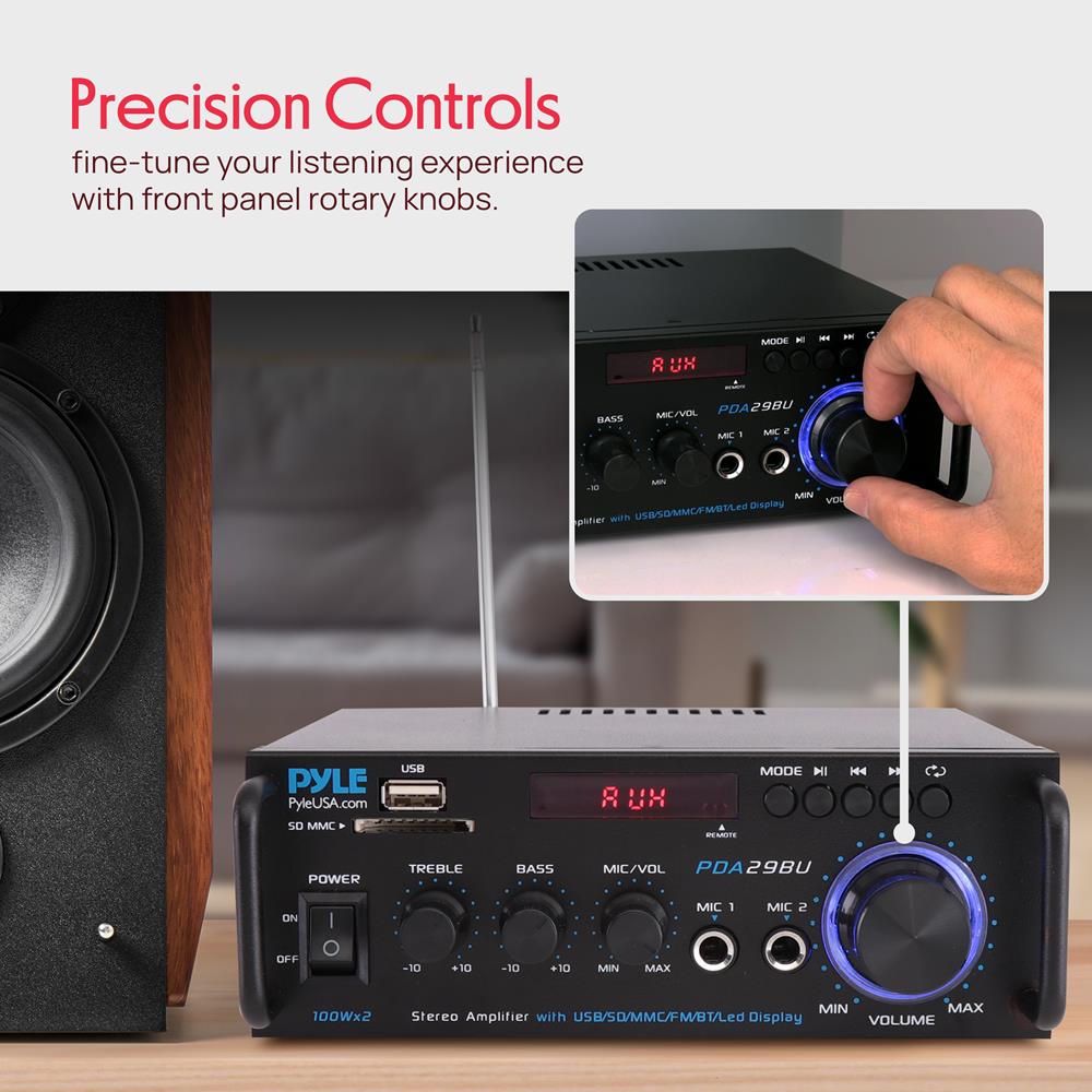 Pyle 200W Wireless Bluetooth Stereo Power Amplifier - Dual Channel Audio Receiver with RCA - USB - SD - MIC IN - FM Radio - AUX Input - Remote Control for Home Theater & Studio Use - PDA29BU