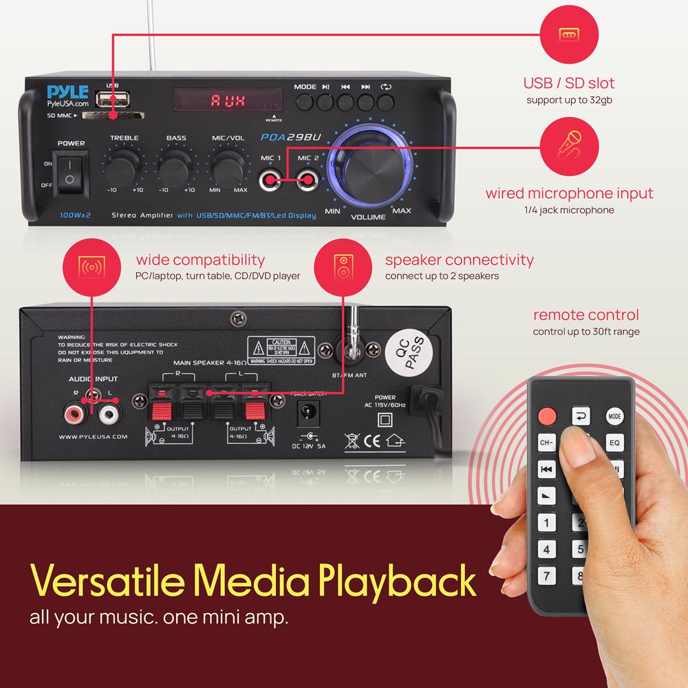 Pyle 200W Wireless Bluetooth Stereo Power Amplifier - Dual Channel Audio Receiver with RCA - USB - SD - MIC IN - FM Radio - AUX Input - Remote Control for Home Theater & Studio Use - PDA29BU
