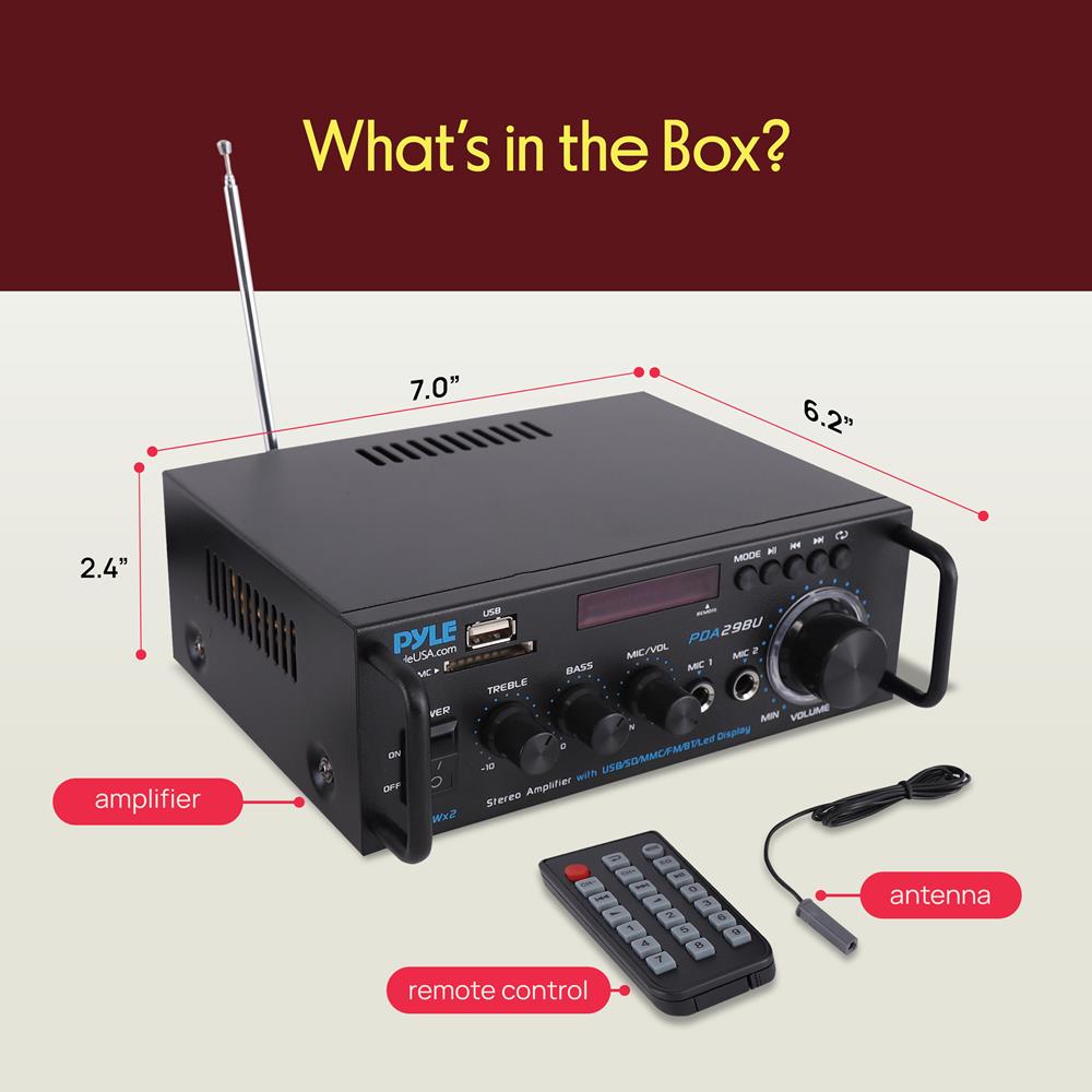 Pyle 200W Wireless Bluetooth Stereo Power Amplifier - Dual Channel Audio Receiver with RCA - USB - SD - MIC IN - FM Radio - AUX Input - Remote Control for Home Theater & Studio Use - PDA29BU