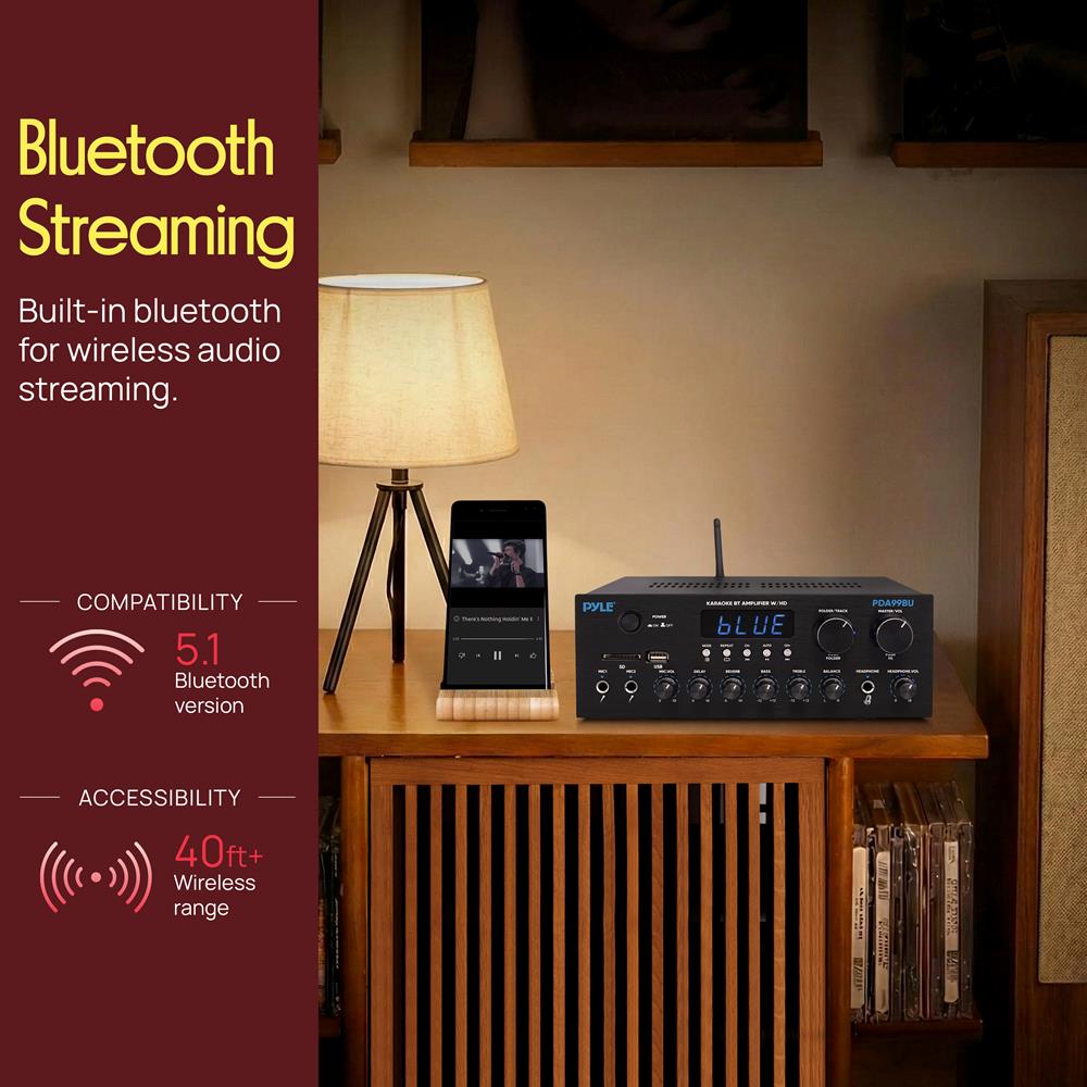 Pyle Wireless Bluetooth Streaming Amplifier, 300W Multi Channel Home Audio Receiver System with HDMI in/Out, Optical/Coaxial, FM Radio, USB/SD, AUX, RCA, Mic in, and BT/FM Antenna, 10.2”x9.8”x2.8”