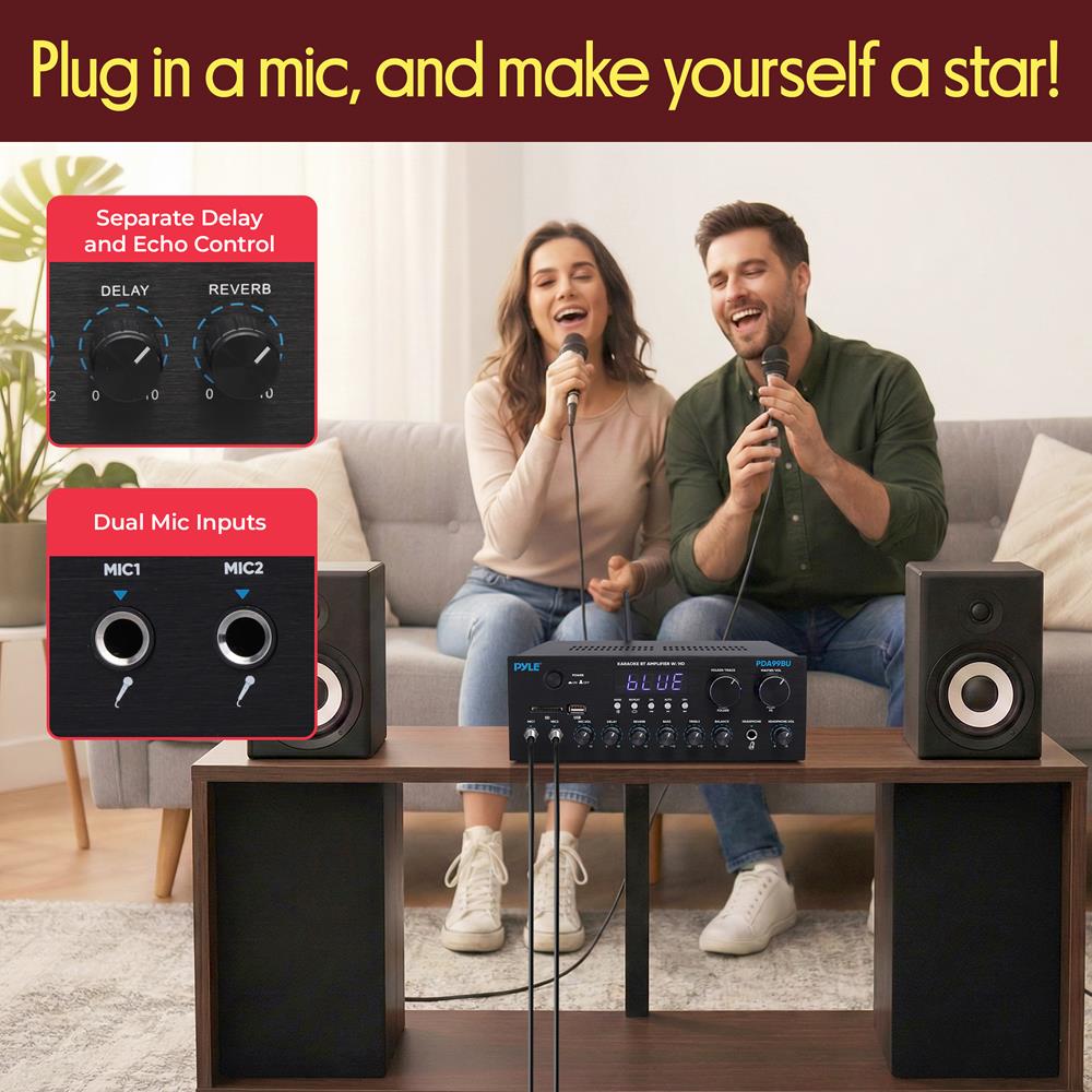 Pyle Wireless Bluetooth Streaming Amplifier, 300W Multi Channel Home Audio Receiver System with HDMI in/Out, Optical/Coaxial, FM Radio, USB/SD, AUX, RCA, Mic in, and BT/FM Antenna, 10.2”x9.8”x2.8”