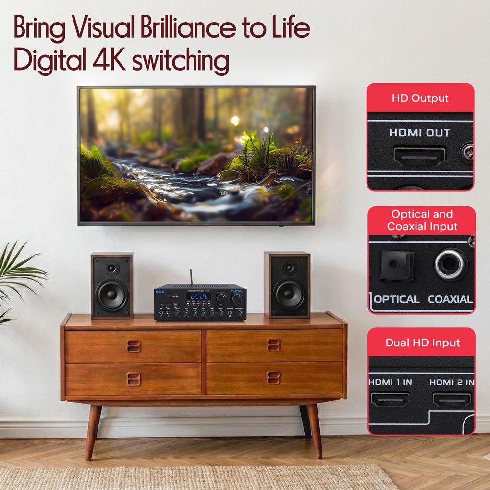 Pyle Wireless Bluetooth Streaming Amplifier, 300W Multi Channel Home Audio Receiver System with HDMI in/Out, Optical/Coaxial, FM Radio, USB/SD, AUX, RCA, Mic in, and BT/FM Antenna, 10.2”x9.8”x2.8”