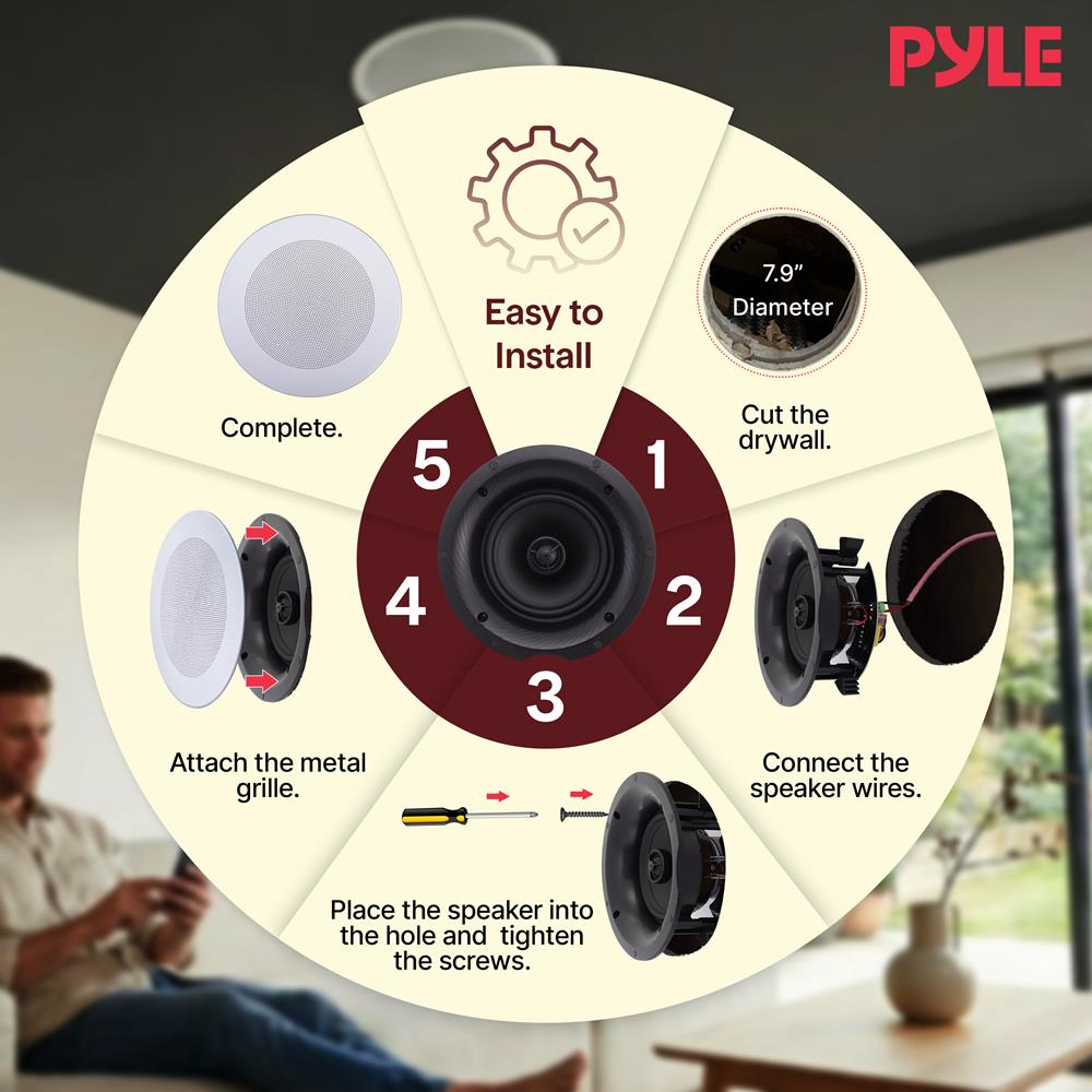 Pyle 8” 4 Bluetooth Flush Mount - In-wall In-ceiling 2-Way Speaker System Quick Connections Changeable Round/Square Grill Polypropylene Cone & Tweeter Stereo Sound 4 Ch Amplifier 250 Watt - PDICBT286
