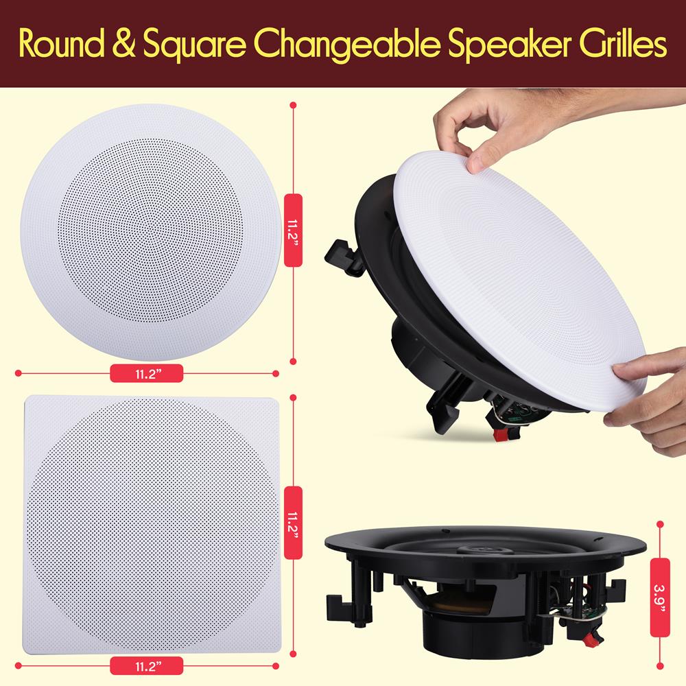Pyle 8” 4 Bluetooth Flush Mount - In-wall In-ceiling 2-Way Speaker System Quick Connections Changeable Round/Square Grill Polypropylene Cone & Tweeter Stereo Sound 4 Ch Amplifier 250 Watt - PDICBT286