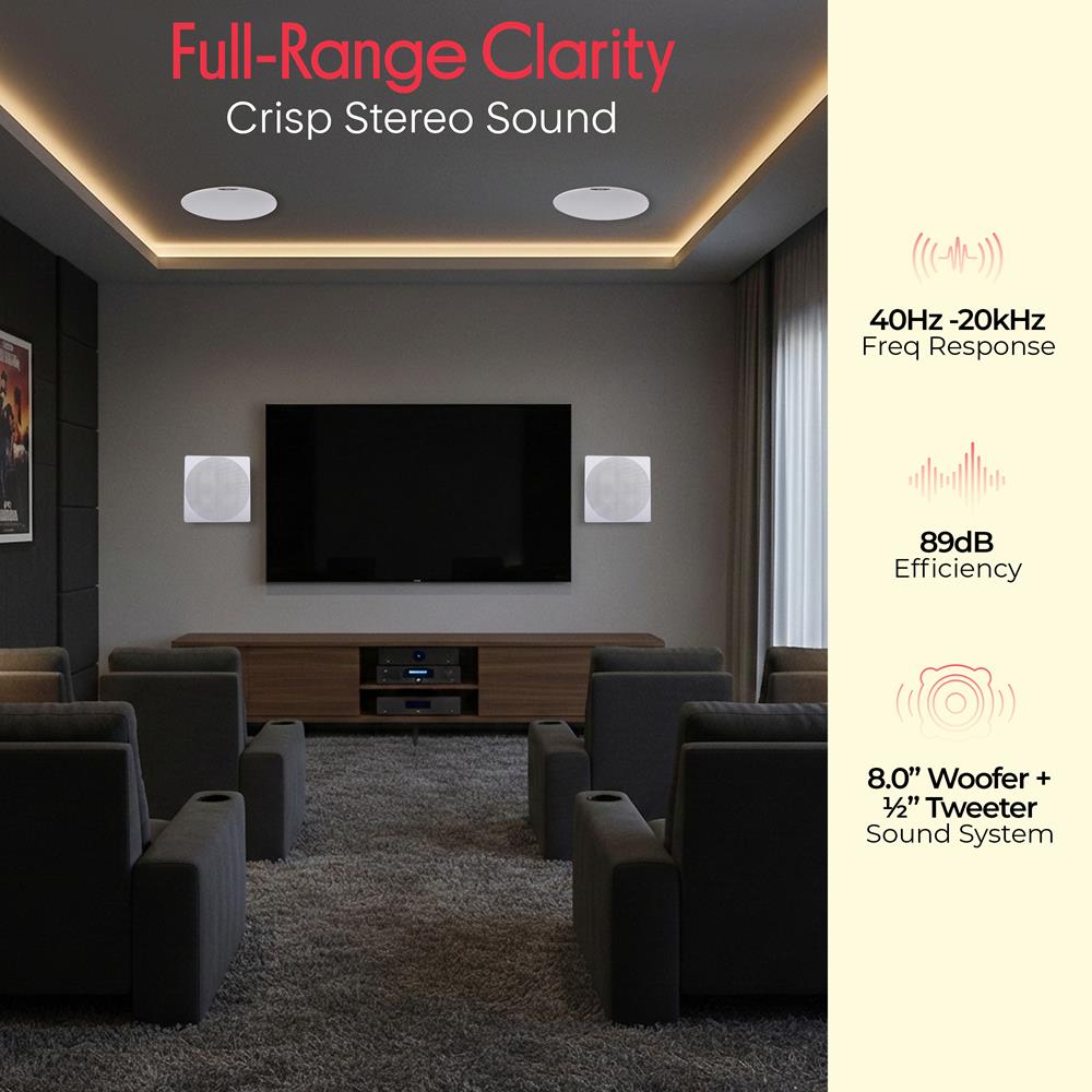 Pyle 8” 4 Bluetooth Flush Mount - In-wall In-ceiling 2-Way Speaker System Quick Connections Changeable Round/Square Grill Polypropylene Cone & Tweeter Stereo Sound 4 Ch Amplifier 250 Watt - PDICBT286