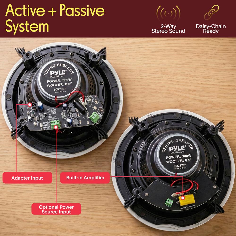Pyle Pair 6.5” Bluetooth Universal Flush Mount in-Wall in-Ceiling 2-Way Speaker System Dual Polypropylene Cone & Polymer Tweeter Stereo Sound 300 Watts (PDICBT67), Black