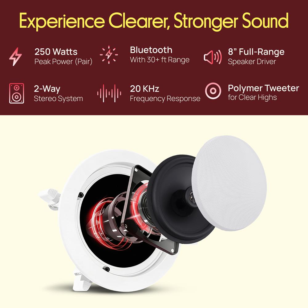 Pyle Pair 8" Bluetooth Flush Mount In-wall In-ceiling 2-Way Universal Home Speaker System Spring Loaded Quick Connections Polypropylene Cone Polymer Tweeter Stereo Sound 250 Watts (PDICBT852RD)