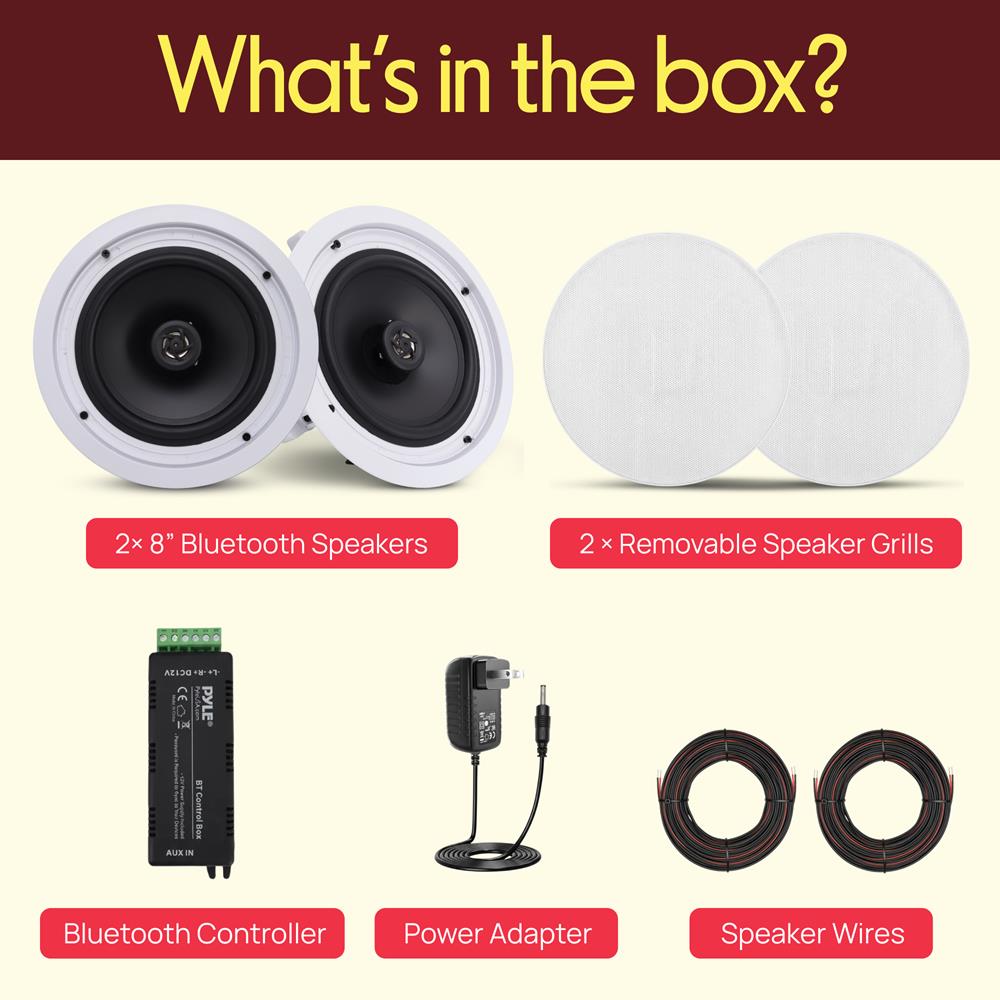 Pyle Pair 8" Bluetooth Flush Mount In-wall In-ceiling 2-Way Universal Home Speaker System Spring Loaded Quick Connections Polypropylene Cone Polymer Tweeter Stereo Sound 250 Watts (PDICBT852RD)