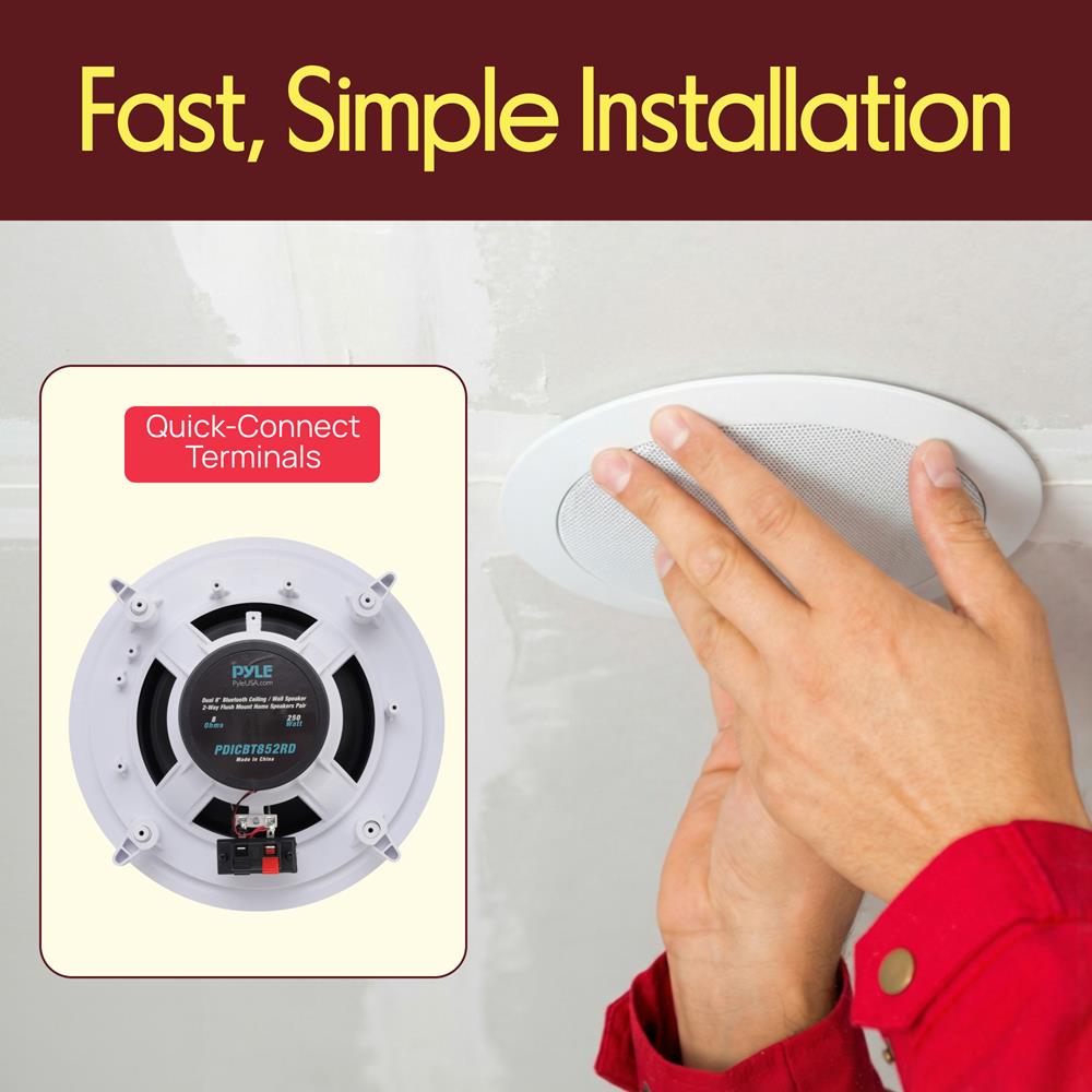 Pyle Pair 8" Bluetooth Flush Mount In-wall In-ceiling 2-Way Universal Home Speaker System Spring Loaded Quick Connections Polypropylene Cone Polymer Tweeter Stereo Sound 250 Watts (PDICBT852RD)