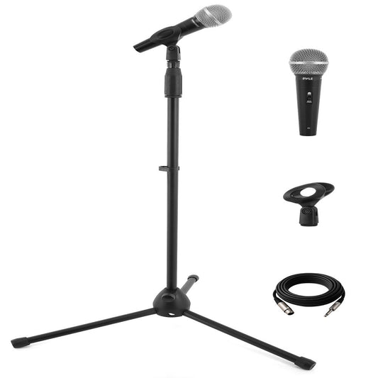 Pyle Professional Handheld Dynamic Microphone Kit - Unidirectional Vocal Wired Microphone w/Carry Bag, Metal Mic Stand, Holder/Clip & 16.4ft XLR Audio Cable to 1/4'' Audio Connection PDMIC88ST,Black