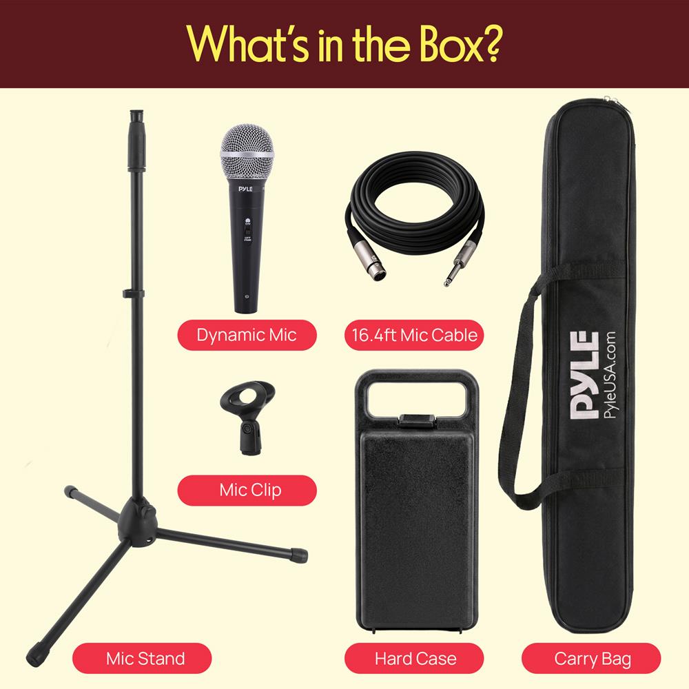 Pyle Professional Handheld Dynamic Microphone Kit - Unidirectional Vocal Wired Microphone w/Carry Bag, Metal Mic Stand, Holder/Clip & 16.4ft XLR Audio Cable to 1/4'' Audio Connection PDMIC88ST,Black