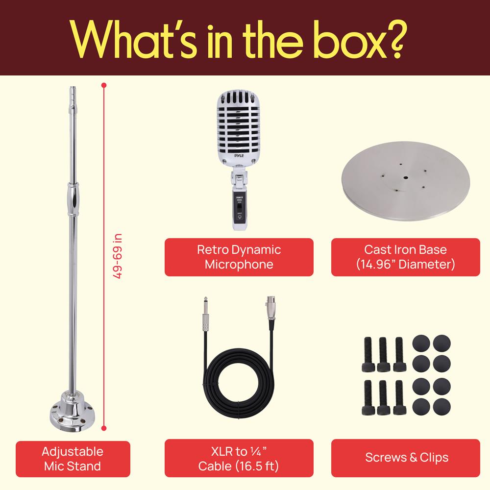 Pyle Retro Microphone, Classic Vintage Style, Unidirectional Audio, Adjustable Stand, XLR Cable, Silver Finish, Dynamic Vocal Performance Mic with 49-69” Swing Stand and Detachable Microphone