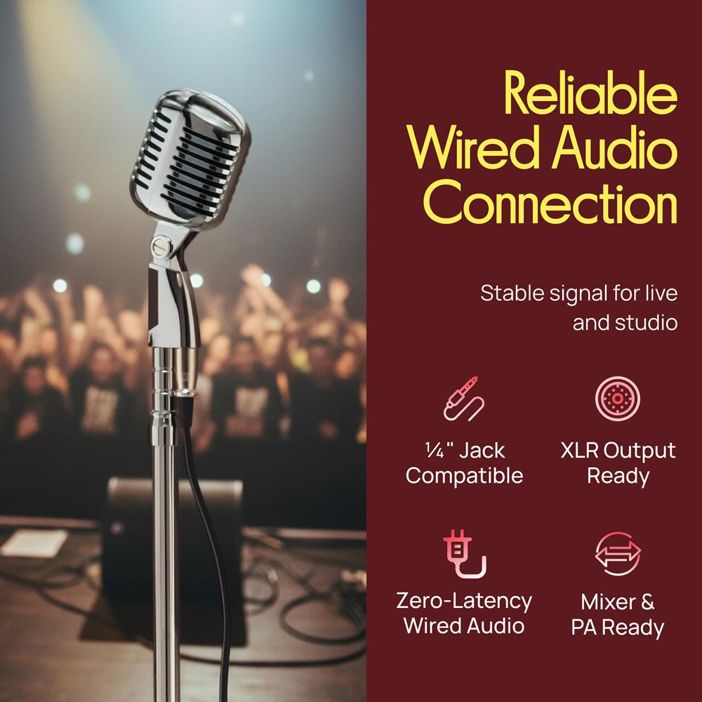 Pyle Retro Microphone, Classic Vintage Style, Unidirectional Audio, Adjustable Stand, XLR Cable, Silver Finish, Dynamic Vocal Performance Mic with 49-69” Swing Stand and Detachable Microphone