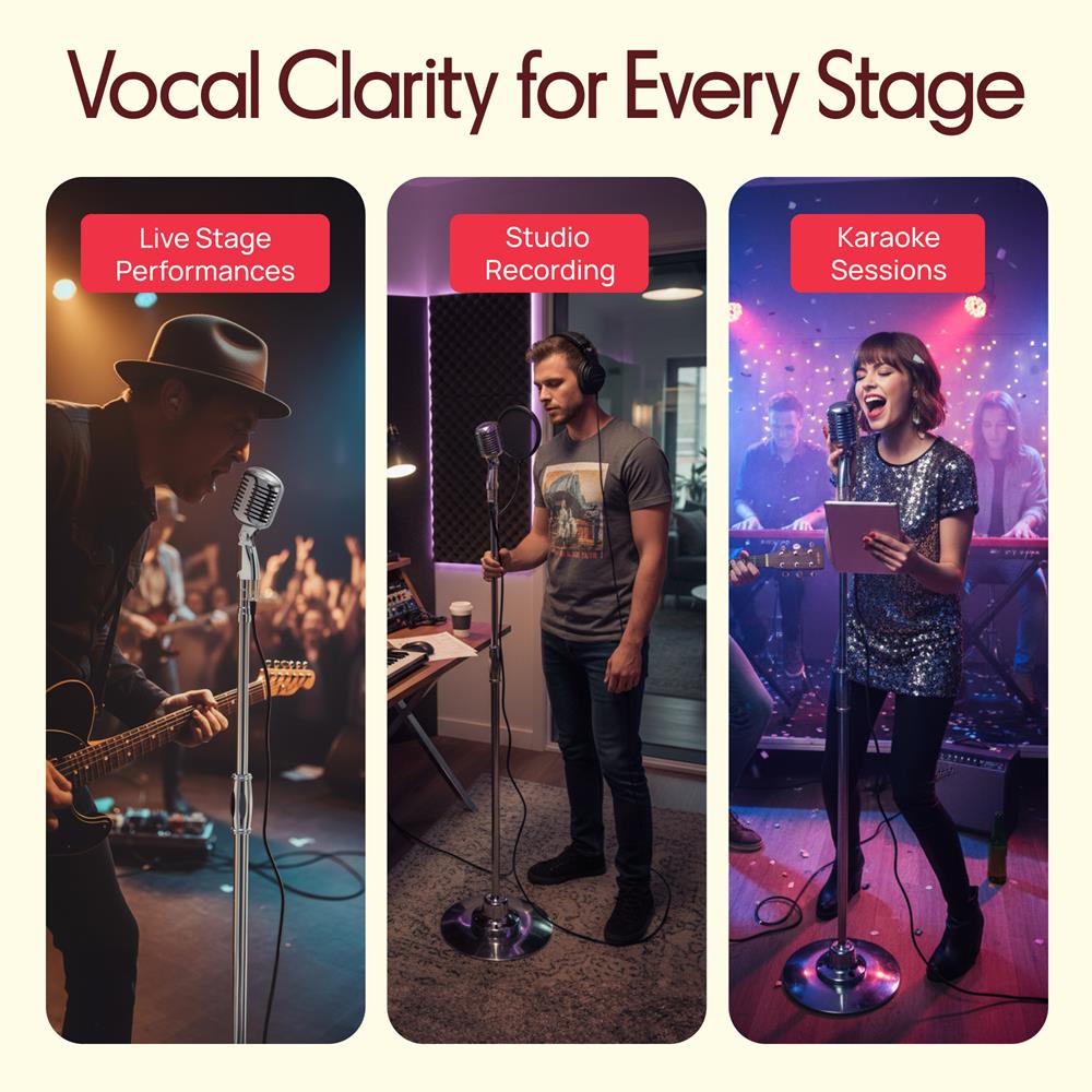 Pyle Retro Microphone, Classic Vintage Style, Unidirectional Audio, Adjustable Stand, XLR Cable, Silver Finish, Dynamic Vocal Performance Mic with 49-69” Swing Stand and Detachable Microphone