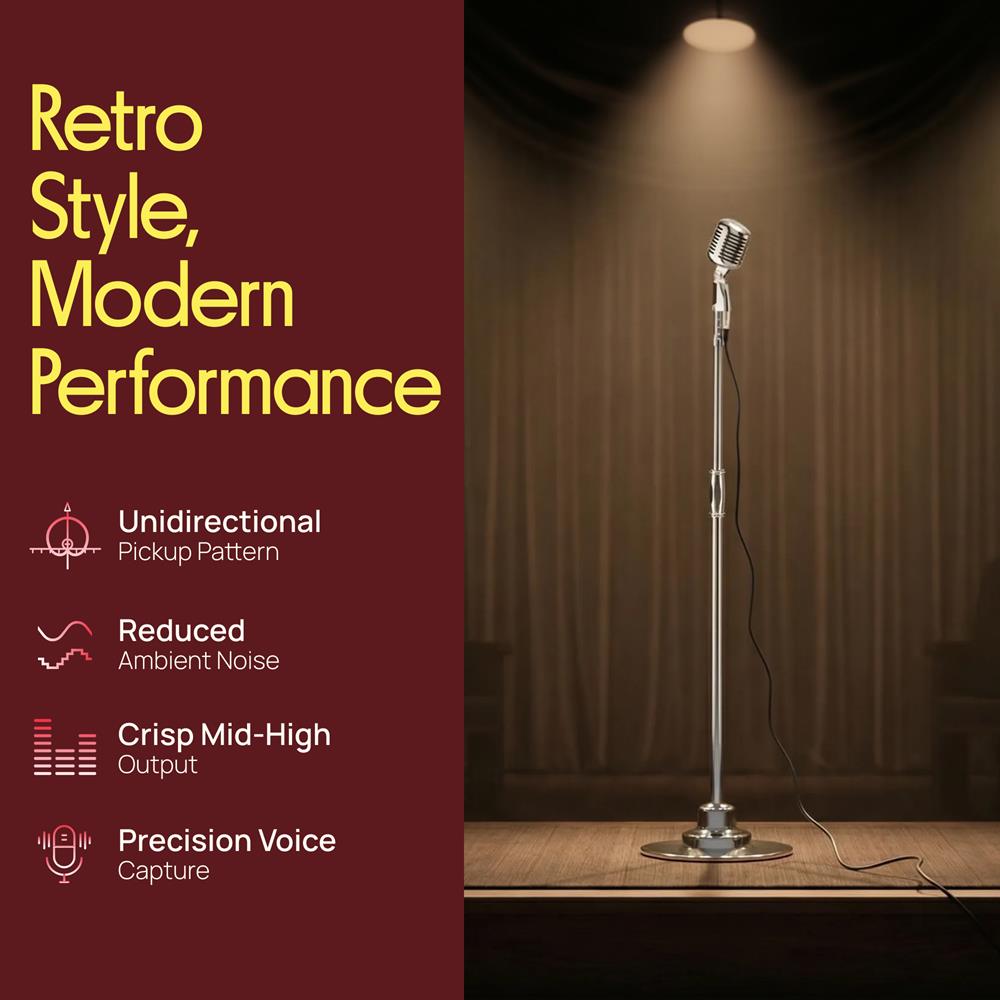 Pyle Retro Microphone, Classic Vintage Style, Unidirectional Audio, Adjustable Stand, XLR Cable, Silver Finish, Dynamic Vocal Performance Mic with 49-69” Swing Stand and Detachable Microphone