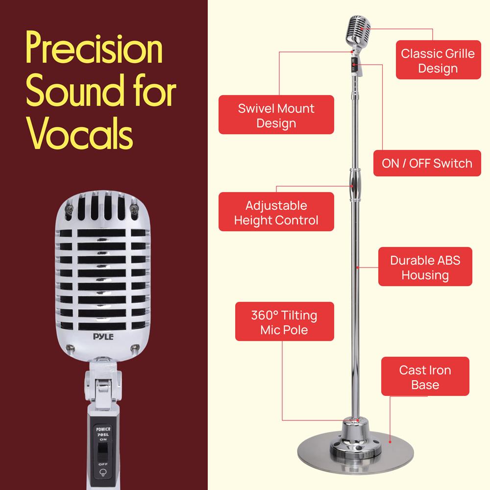 Pyle Retro Microphone, Classic Vintage Style, Unidirectional Audio, Adjustable Stand, XLR Cable, Silver Finish, Dynamic Vocal Performance Mic with 49-69” Swing Stand and Detachable Microphone