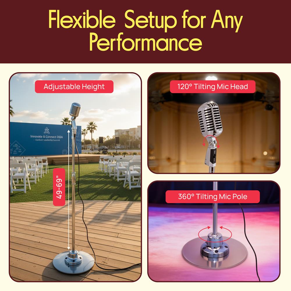 Pyle Retro Microphone, Classic Vintage Style, Unidirectional Audio, Adjustable Stand, XLR Cable, Silver Finish, Dynamic Vocal Performance Mic with 49-69” Swing Stand and Detachable Microphone