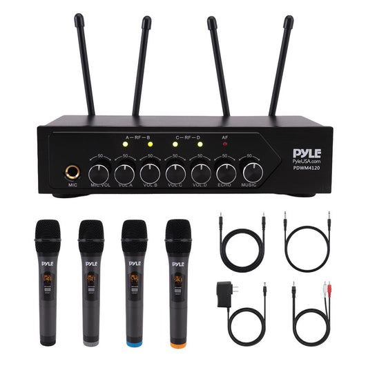 Pyle UHF Wireless Microphone System - PA Public Address Mic System with 4 Handheld Wireless Mics 50 Selectable UHF Channels, Bluetooth Music Streaming for Karaoke-Style Vocals, Battery-Operated