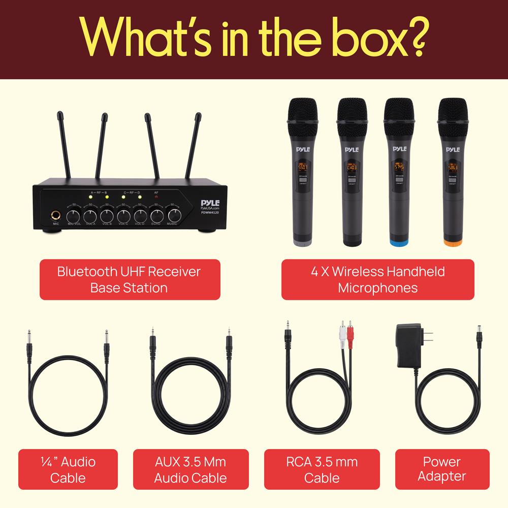 Pyle UHF Wireless Microphone System - PA Public Address Mic System with 4 Handheld Wireless Mics 50 Selectable UHF Channels, Bluetooth Music Streaming for Karaoke-Style Vocals, Battery-Operated