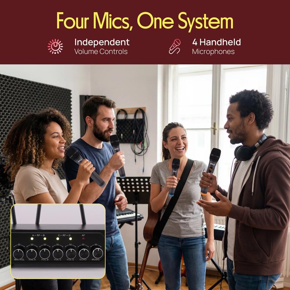 Pyle UHF Wireless Microphone System - PA Public Address Mic System with 4 Handheld Wireless Mics 50 Selectable UHF Channels, Bluetooth Music Streaming for Karaoke-Style Vocals, Battery-Operated