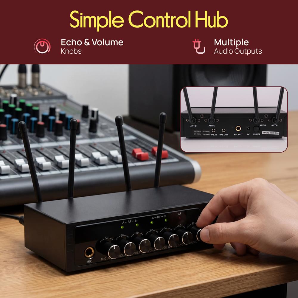 Pyle UHF Wireless Microphone System - PA Public Address Mic System with 4 Handheld Wireless Mics 50 Selectable UHF Channels, Bluetooth Music Streaming for Karaoke-Style Vocals, Battery-Operated
