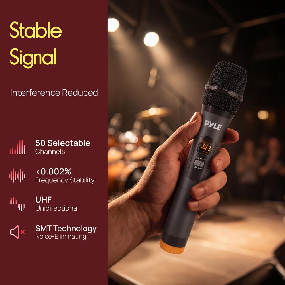 Pyle UHF Wireless Microphone System - PA Public Address Mic System with 4 Handheld Wireless Mics 50 Selectable UHF Channels, Bluetooth Music Streaming for Karaoke-Style Vocals, Battery-Operated