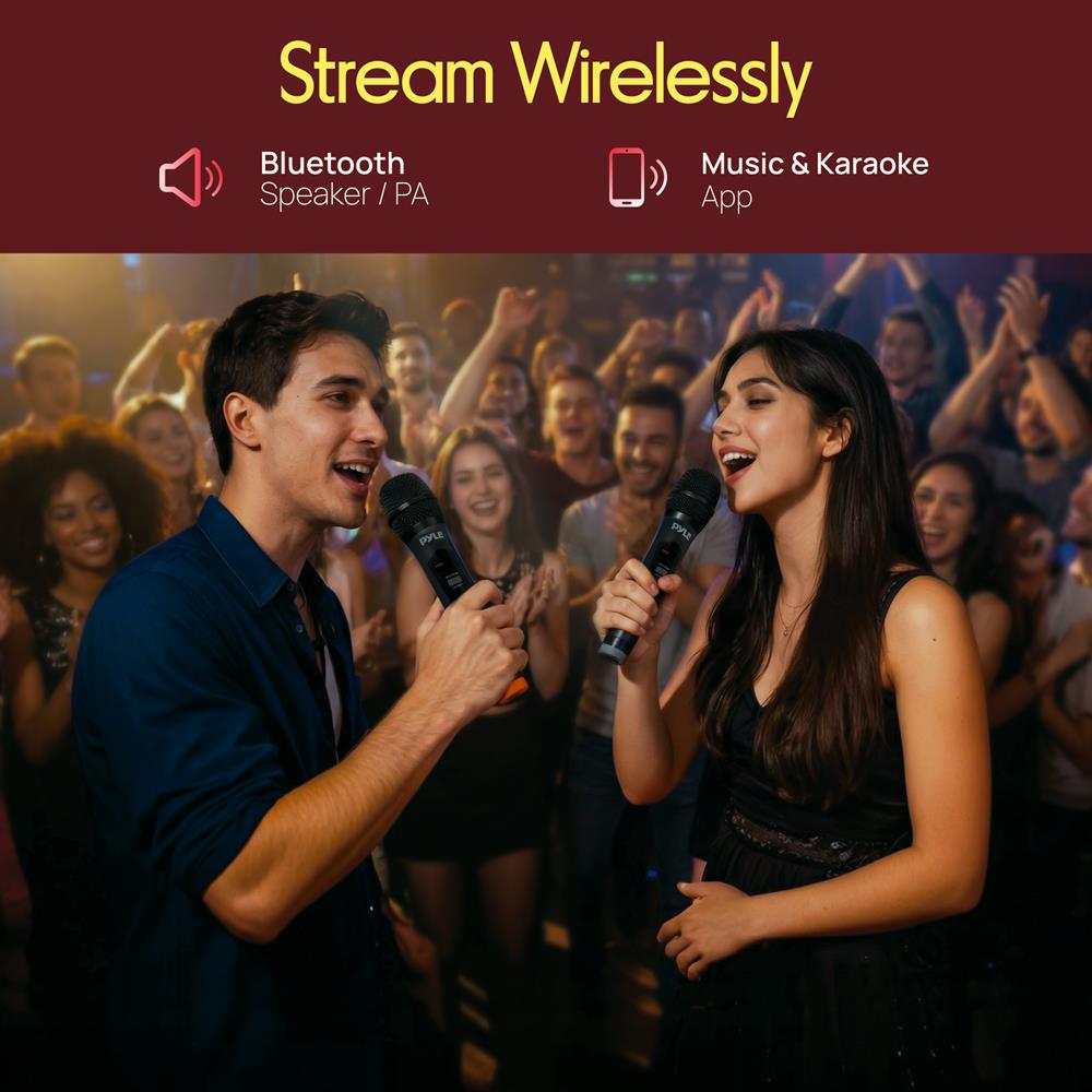 Pyle UHF Wireless Microphone System - PA Public Address Mic System with 4 Handheld Wireless Mics 50 Selectable UHF Channels, Bluetooth Music Streaming for Karaoke-Style Vocals, Battery-Operated