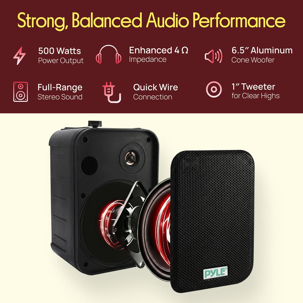 Pyle 2 Way Speaker System Pair - 500W Peak Power 6.5 Inch Passive Weatherproof Wall / Ceiling Mounted - Heavy Duty Universal Mount - Use for Pool, Patio, Indoor, Outdoor (Black)