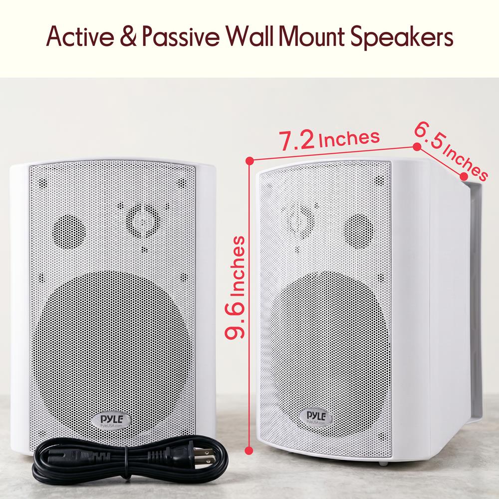 Pyle Wall Mount Home Speaker System - Active Passive Mountable Bookshelf Indoor Studio Garage Patio Stereo Sound Home Theater, Wireless Bluetooth Speaker Set W/Aux & RCA, White