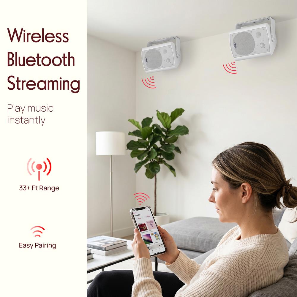 Pyle Wall Mount Home Speaker System - Active Passive Mountable Bookshelf Indoor Studio Garage Patio Stereo Sound Home Theater, Wireless Bluetooth Speaker Set W/Aux & RCA, White