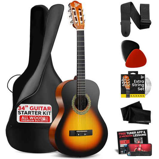 Pyle Beginner Acoustic Guitar Kit, 1/2 Junior Size All Wood Instrument for Kids, Adults, 34" Sunburst Teardrop Matte