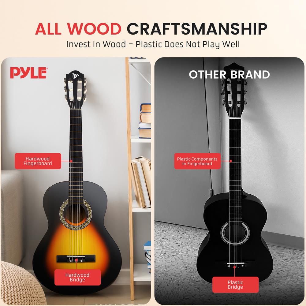 Pyle Beginner Acoustic Guitar Kit, 1/2 Junior Size All Wood Instrument for Kids, Adults, 34" Sunburst Teardrop Matte