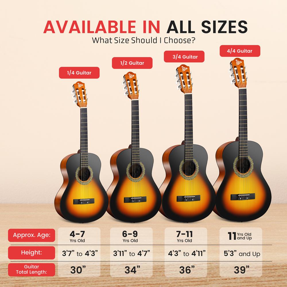 Pyle Beginner Acoustic Guitar Kit, 1/2 Junior Size All Wood Instrument for Kids, Adults, 34" Sunburst Teardrop Matte