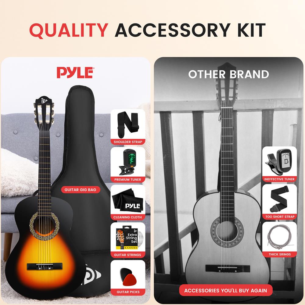 Pyle Beginner Acoustic Guitar Kit, 1/2 Junior Size All Wood Instrument for Kids, Adults, 34" Sunburst Teardrop Matte