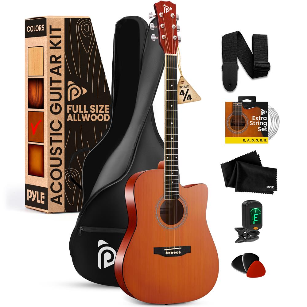 Pyle Steel String Acoustic Guitar Kit, 4/4 Full Size Cutaway All-Wood Guitarra Acustica with Premium Accessory Set and Upgraded Gig Bag, 41" Brown Glossy