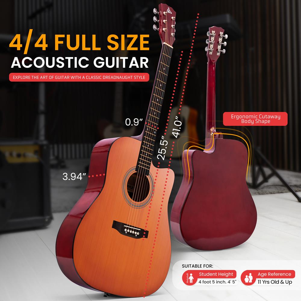 Pyle Steel String Acoustic Guitar Kit, 4/4 Full Size Cutaway All-Wood Guitarra Acustica with Premium Accessory Set and Upgraded Gig Bag, 41" Brown Glossy