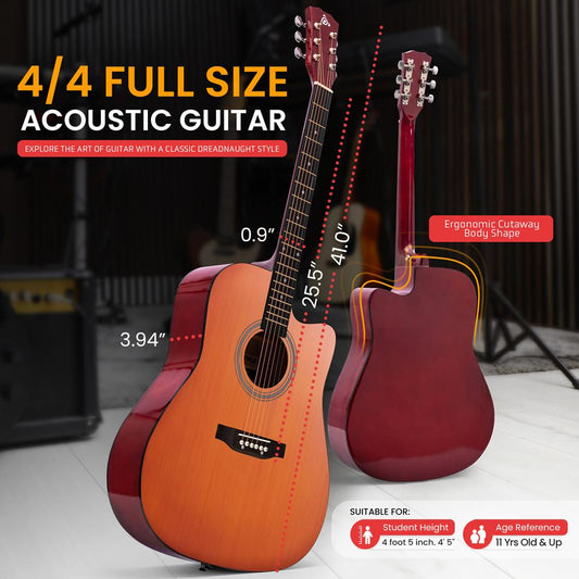 Pyle Steel String Acoustic Guitar Kit, 4/4 Full Size Cutaway All-Wood Guitarra Acustica with Premium Accessory Set and Upgraded Gig Bag, 41" Brown Glossy