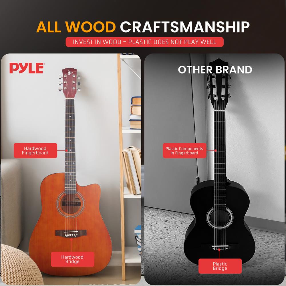 Pyle Steel String Acoustic Guitar Kit, 4/4 Full Size Cutaway All-Wood Guitarra Acustica with Premium Accessory Set and Upgraded Gig Bag, 41" Brown Glossy