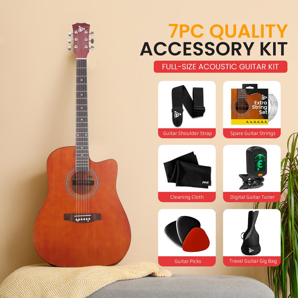 Pyle Steel String Acoustic Guitar Kit, 4/4 Full Size Cutaway All-Wood Guitarra Acustica with Premium Accessory Set and Upgraded Gig Bag, 41" Brown Glossy