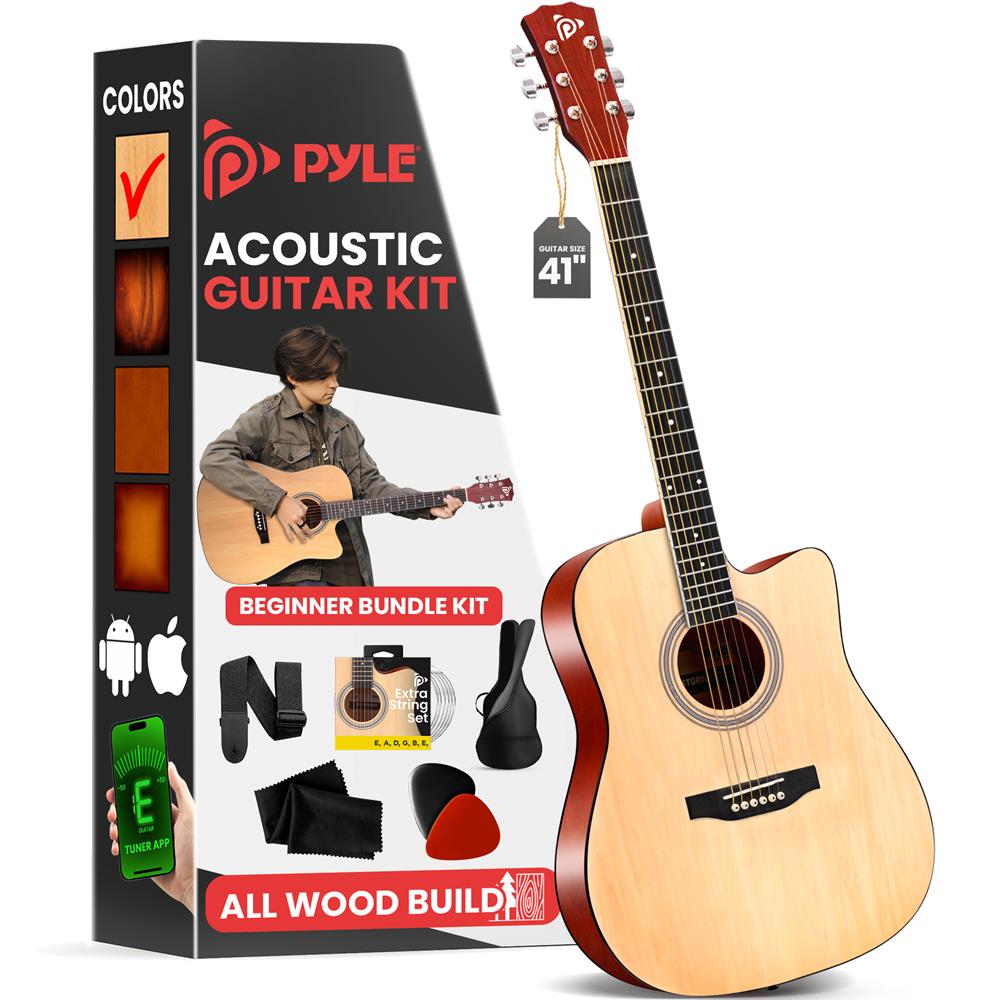Pyle Steel String Acoustic Guitar Kit, 4/4 Full Size Cutaway All-Wood Guitarra Acustica with Premium Accessory Set and Upgraded Gig Bag, 41" Natural Glossy