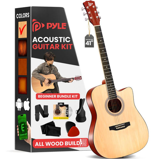 Pyle Steel String Acoustic Guitar Kit, 4/4 Full Size Cutaway All-Wood Guitarra Acustica with Premium Accessory Set and Upgraded Gig Bag, 41" Natural Glossy