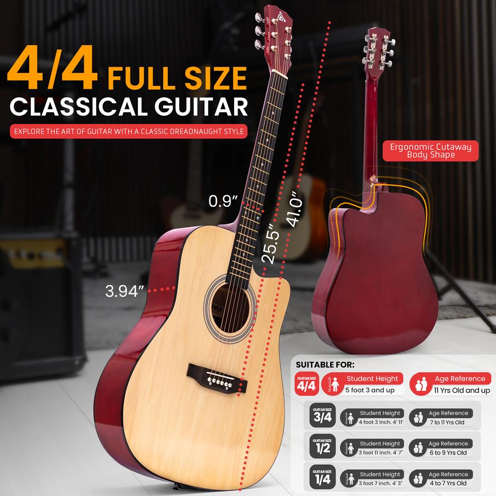 Pyle Steel String Acoustic Guitar Kit, 4/4 Full Size Cutaway All-Wood Guitarra Acustica with Premium Accessory Set and Upgraded Gig Bag, 41" Natural Glossy